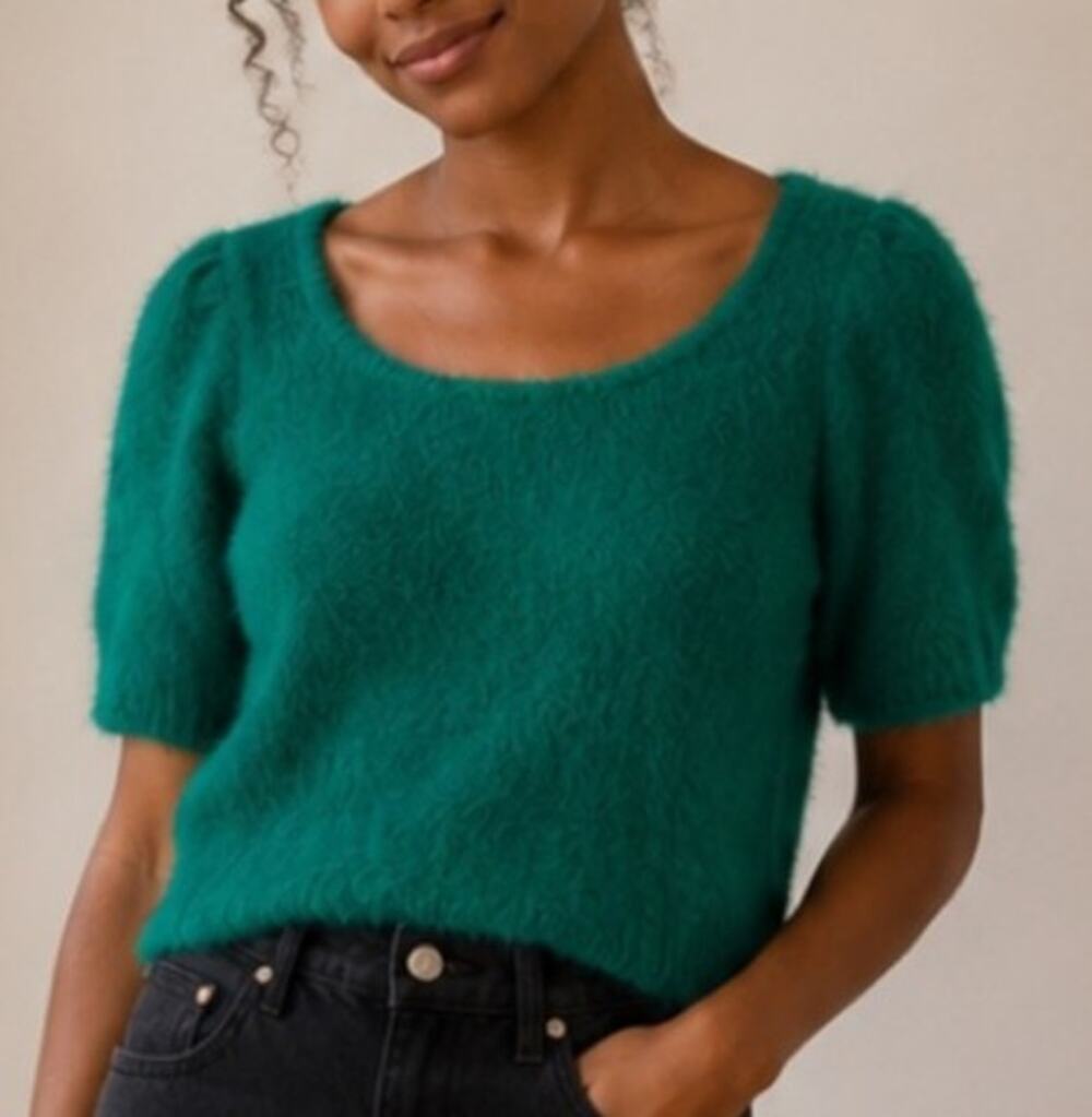 Happily Grey Scoop Neck Short Sleeve Fuzzy Sweater Sz S Puff Sleeve Emerald